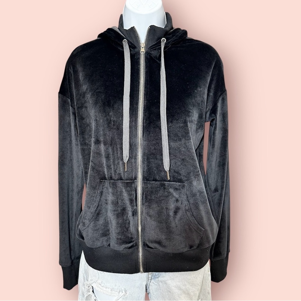 Black Velour Zip-Up Hoodie Size Small Y2K Plush Velvet Jacket Fall Streetwear